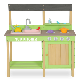 Wooden Kids Kitchen Playset, Indoor Outdoor Pretend Mud Kitchen Set for Toddler, Play Kitchen Toy